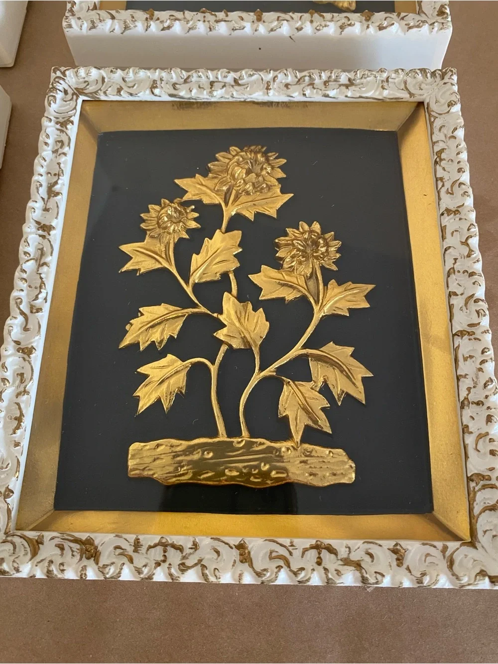 Gold Botanical Wall Art Set Four Seasons, Framed shadow boxes, MCM Vintage gold